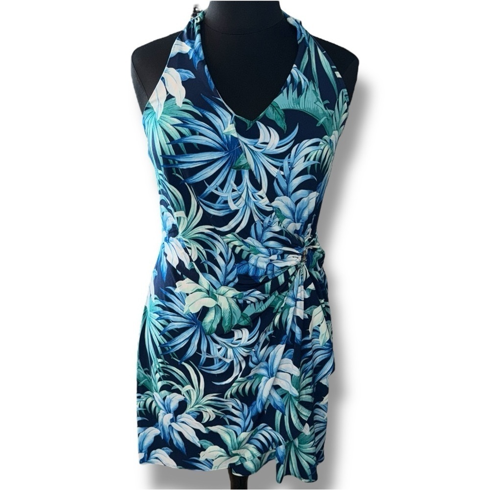 TOMMY BAHAMA Clara Legendary Leaves Faux-Wrap Halter Dress - XL Island Navy - Picture 2 of 14